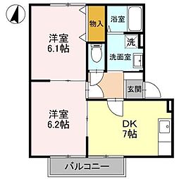 東武桐生線 赤城駅 徒歩4分の賃貸アパート 2階2DKの間取り