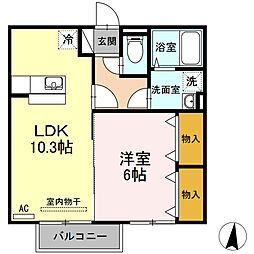 エクセレント・シュガー　B棟 2階1LDKの間取り
