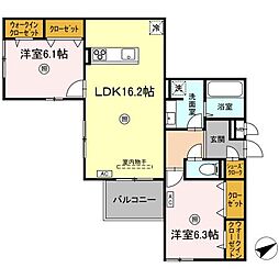 シスネス姫子 3階2LDKの間取り