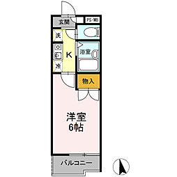 ロッキー星宮　A棟 2階1Kの間取り