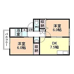 ＳＨＡＭＲＯＣＫ 2階2DKの間取り