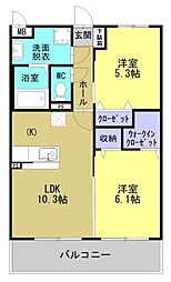 エンジェル 3階2LDKの間取り
