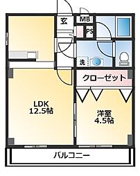 グランビュー 2階1LDKの間取り