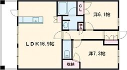 熊本市電A系統 水道町駅 徒歩7分の賃貸マンション 10階2LDKの間取り