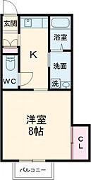 スリーゼハイツ乙津B 2階1Kの間取り