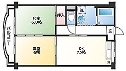 ハイツハピィバリーI北棟 3階2DKの間取り