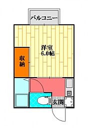 シャルマンハゴロモA棟 2階1Kの間取り