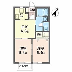 JR陸羽東線 陸前谷地駅 徒歩15分の賃貸アパート 1階2DKの間取り
