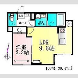 Clover木ノ下 1階1LDKの間取り