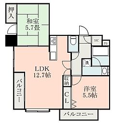 JR鹿児島本線 植木駅 徒歩26分の賃貸マンション 6階2LDKの間取り