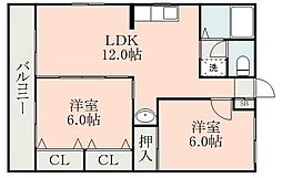 JR豊肥本線 竜田口駅 徒歩13分の賃貸マンション 3階2LDKの間取り