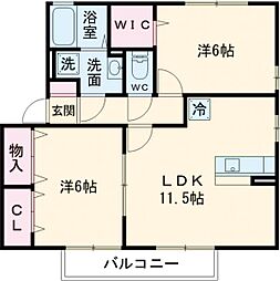 エスポアール・エスト　B棟 2階2LDKの間取り
