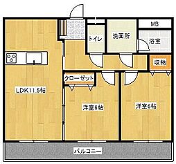 サンセットピア 3階2LDKの間取り