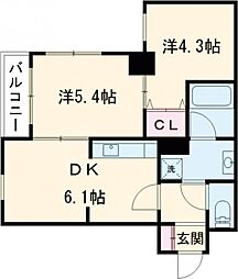 グランドゥール水前寺 3階2DKの間取り