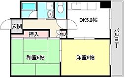 近鉄南大阪線 高田市駅 徒歩15分の賃貸マンション 4階2DKの間取り