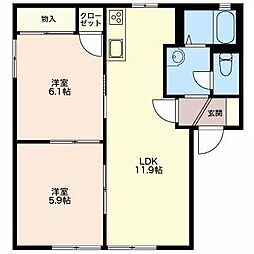 メルベール西富田 1階2LDKの間取り