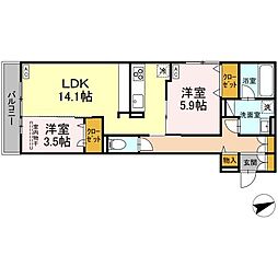 D-residence東手城 302 3階2LDKの間取り