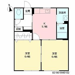 シャイニー・ウイング　Ｂ棟 1階2Kの間取り