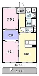 プライムタウン 1階2DKの間取り