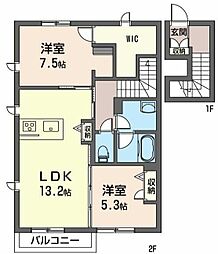 JR両毛線 新前橋駅 徒歩18分の賃貸アパート 2階2LDKの間取り