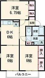 ハイムグランシャリオ内山　B 2階3DKの間取り