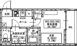 GRADUS鶴ヶ島II 2階1Kの間取り