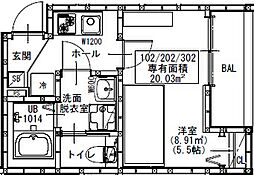GRADUS鶴ヶ島II 3階1Kの間取り