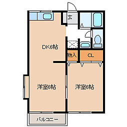 ネオファミーユT-1 2階2DKの間取り