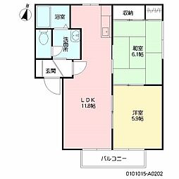 レオン西郷台　Ａ棟 2階2LDKの間取り