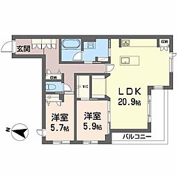 アトリエール北六番丁 2階2LDKの間取り