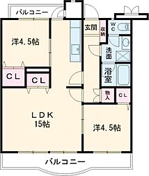 エステート河辺1号棟 4階2LDKの間取り