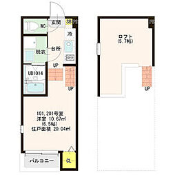 ハーモニーテラス上飯田西町 2階ワンルームの間取り