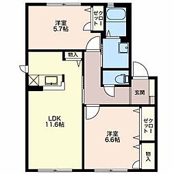 アプリコット下堀 1階2LDKの間取り
