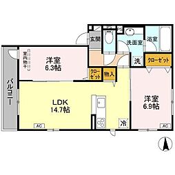 エンラージ西院 302 3階2LDKの間取り