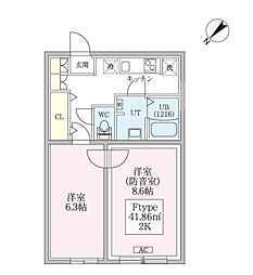スカイラシクラス平和台 2階2Kの間取り