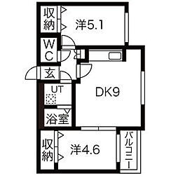 メニーズコート美園 201 2階2DKの間取り