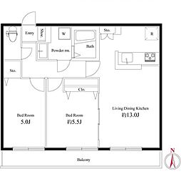 フェリス国立 2階2LDKの間取り
