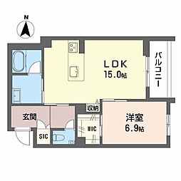 アルフラット　オリーブ 2階1LDKの間取り