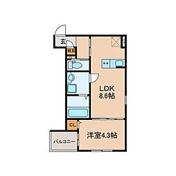 Crecia一宮II(クレシアイチノミヤツー) 3階1LDKの間取り