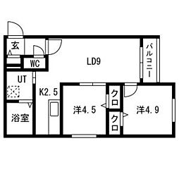 グランデール南郷 2階2LDKの間取り