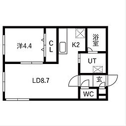 グランデール南郷 3階1LDKの間取り