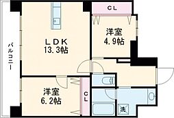 熊本市電A系統 二本木口駅 徒歩3分の賃貸マンション 7階2LDKの間取り