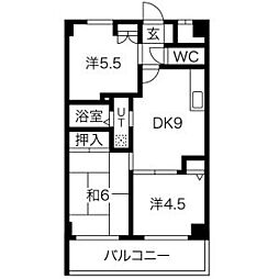 エバーグレース当麻 4階3DKの間取り