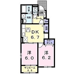 Ｖｉｌｌａ　Ａｉｒｙ城南 1階2DKの間取り
