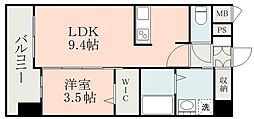 熊本市電A系統 田崎橋駅 徒歩5分の賃貸マンション 10階1LDKの間取り