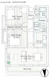 ラナイグレース国立 2階2LDKの間取り