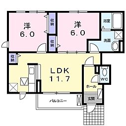 カーサ壱番館 1階2LDKの間取り