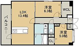 熊本市電B系統 県立体育館前駅 徒歩10分の賃貸マンション 5階2LDKの間取り