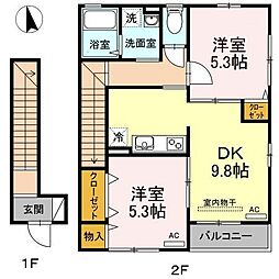 Ｓｅｊｏｕｒ　ＭＩＤＯＲＩ 2階2DKの間取り