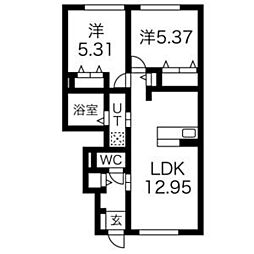 グランコンフォート 102 1階2LDKの間取り